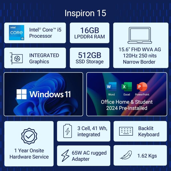 Dell Inspiron 3530 Laptop, 13th Gen Intel Core i5-1334U Processor, 16GB, 512GB SSD, 15.6"(39.62cm) FHD 120Hz 250 nits, Backlit KB, Windows 11 + MSO'24 & 15 Month McAfee, Silver, Thin & Light- 1.62kg - Image 2