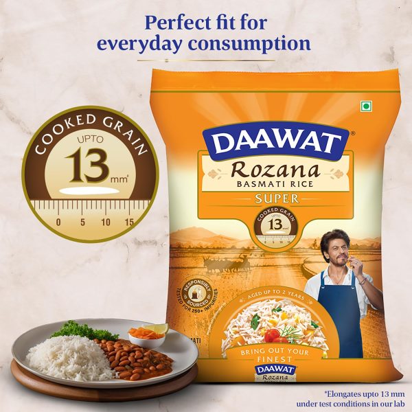 Daawat Rozana Super Basmati Rice 5Kg| For Everyday Consumption| Cooked Grain Upto 13mm*| Naturally Aged - Image 3