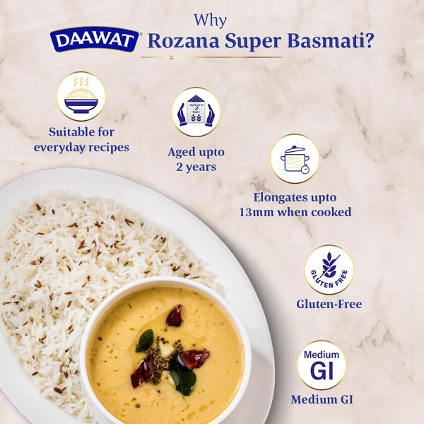 Daawat Rozana Super Basmati Rice 5Kg| For Everyday Consumption| Cooked Grain Upto 13mm*| Naturally Aged - Image 4