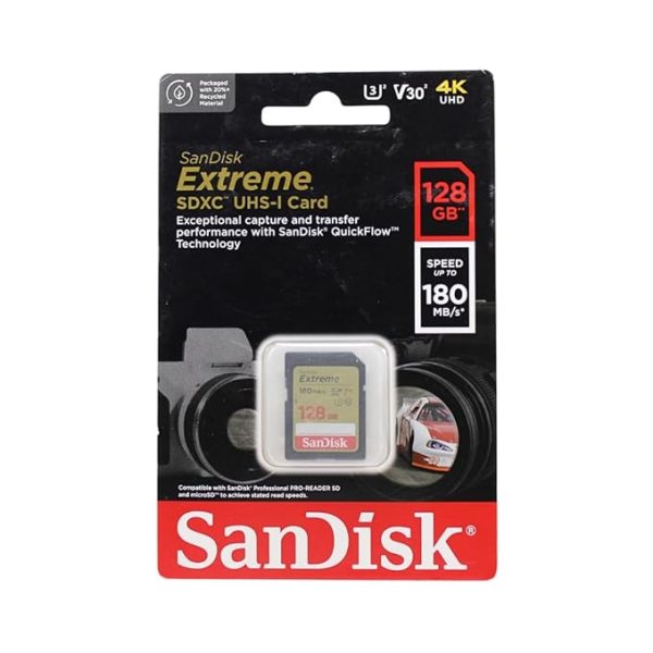 SanDisk Extreme SD UHS I 128GB Card for 4K Video for DSLR and Mirrorless Cameras 180MB/s Read & 90MB/s Write