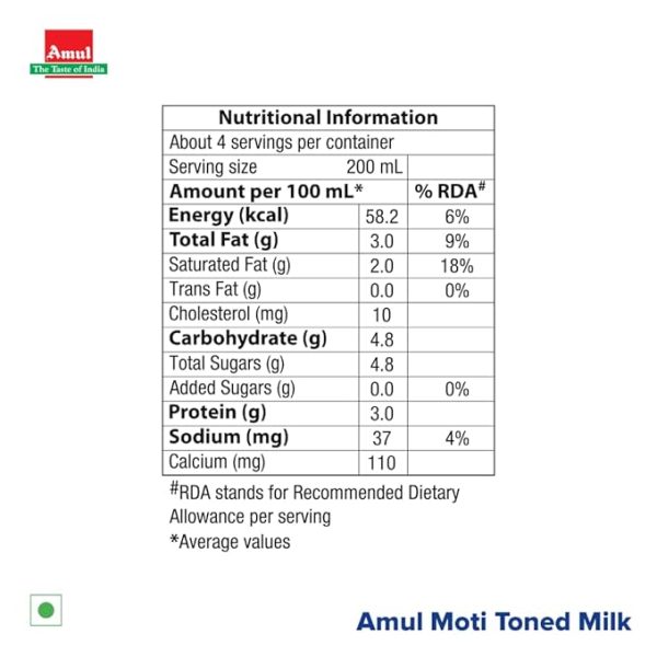 Amul Moti Homogenized Toned Milk, 450 Ml Pouch,Liquid - Image 4