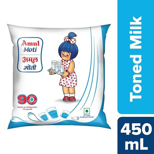 Amul Moti Homogenized Toned Milk, 450 Ml Pouch,Liquid